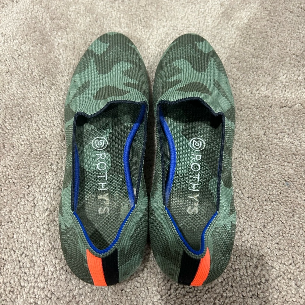 Rothy's Green Camo Slip-On Flats with Blue Trim and Orange Heel Stripe